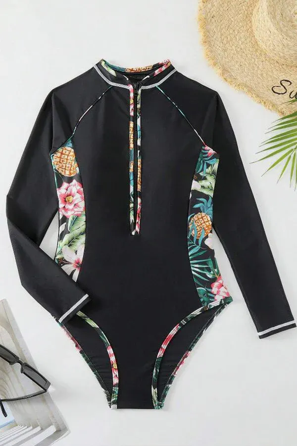 Black Zippered Long Sleeve One-Piece Swimsuit with Printed Trim UPF50+ Rash Guard