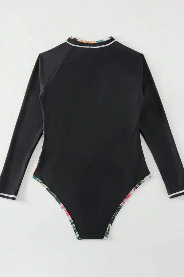 Black Zippered Long Sleeve One-Piece Swimsuit with Printed Trim UPF50+ Rash Guard