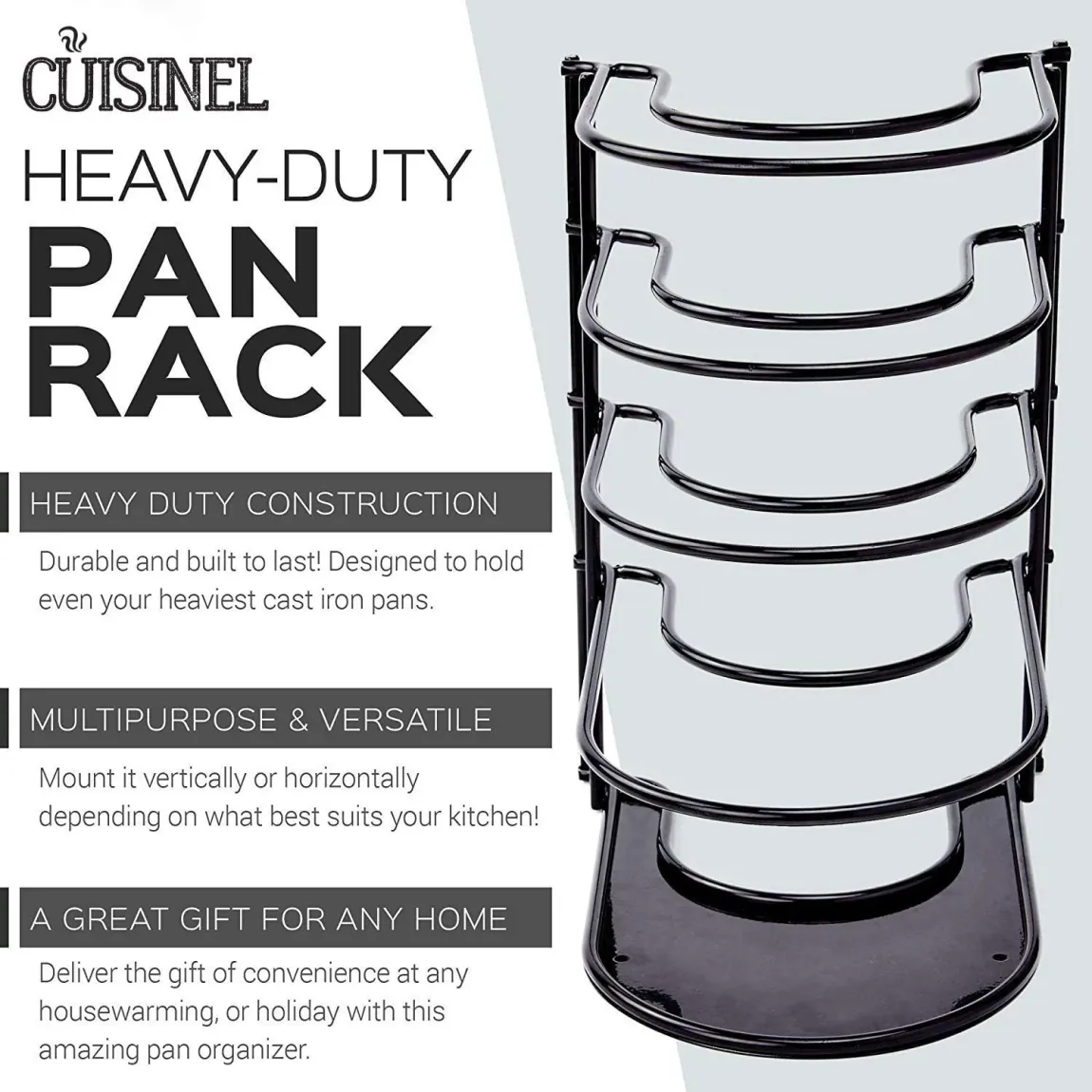 Heavy Duty Pan Organizer, 5 Tier Rack - Holds up to 50 LB - Holds Cast Iron Skillets, Griddles and Shallow Pots - Durable Steel Construction
