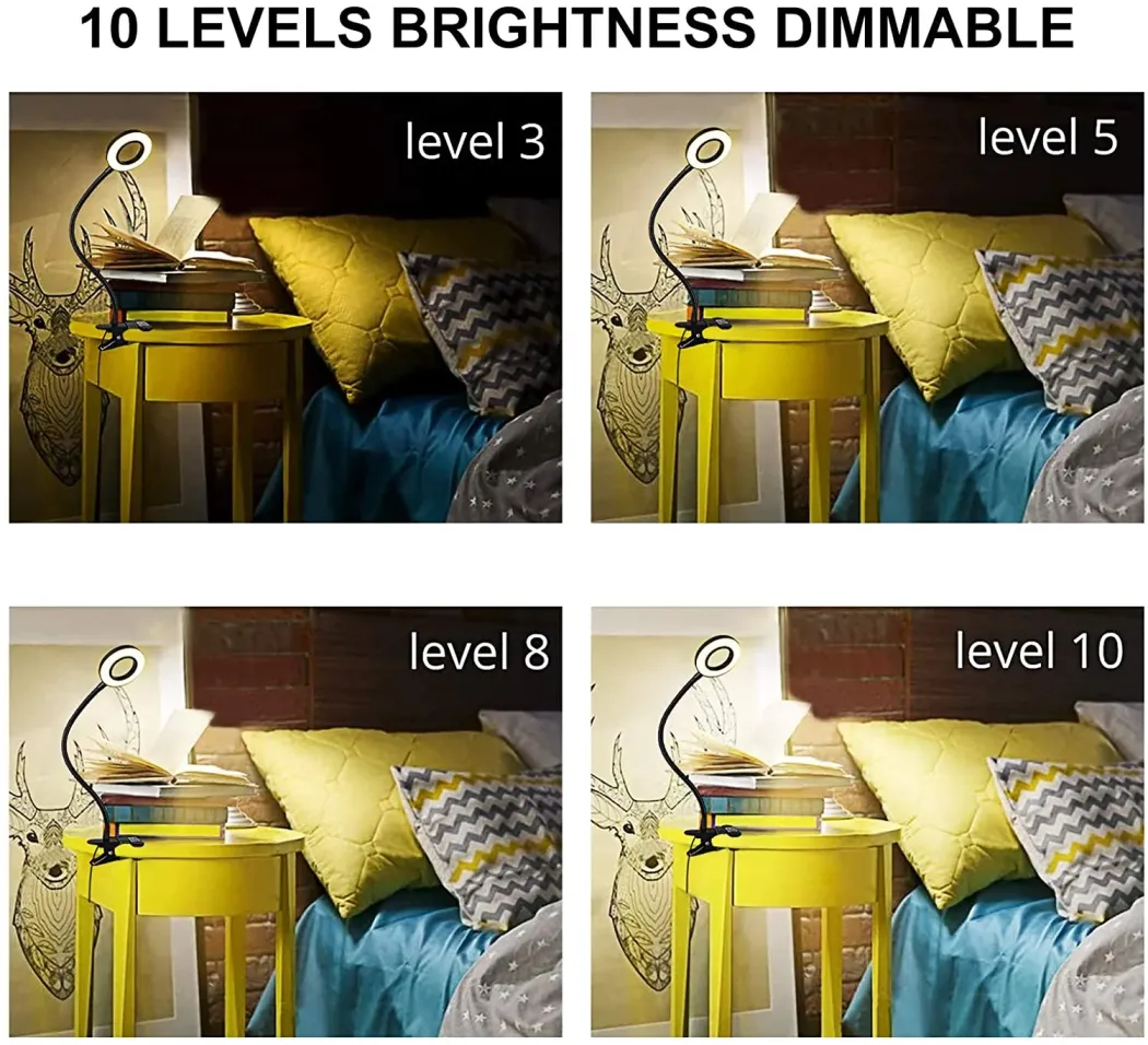 Desk Lamp Clip Light, Woputne 10 Dimmable Brightness 3 Light Modes Reading Light, Clamp Bedside Lamp for Video, Study, Painting, Piano, Craft, Study, Work (Black)