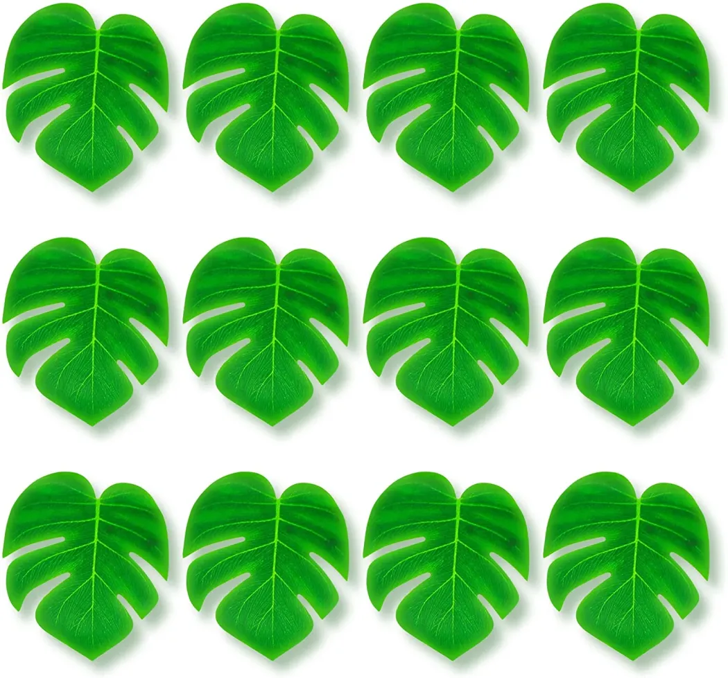 12 pc Tropical Green Leaves included 1 Hawaiian Luau Hibiscus Brown Table Skirt (9 ft)