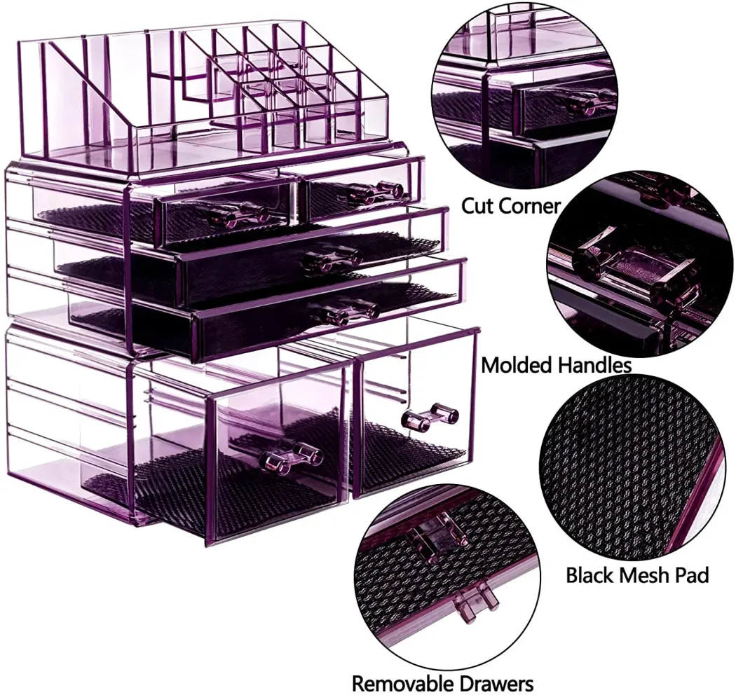 Makeup Organizer 3 Pieces Acrylic Cosmetic Storage Drawers and Jewelry Display Box, Violet