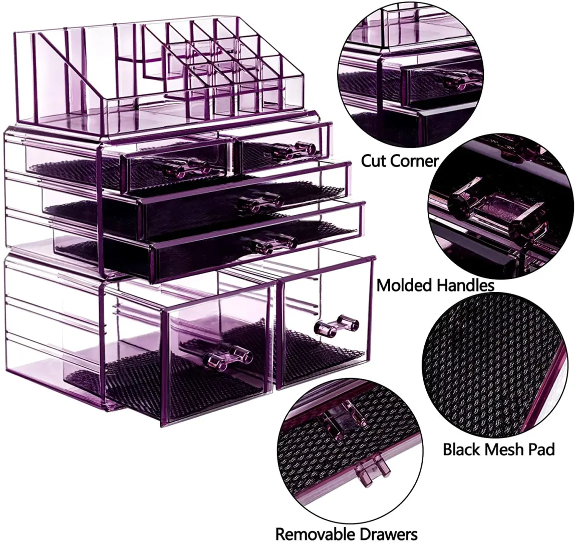 Makeup Organizer 3 Pieces Acrylic Cosmetic Storage Drawers and Jewelry Display Box, Violet