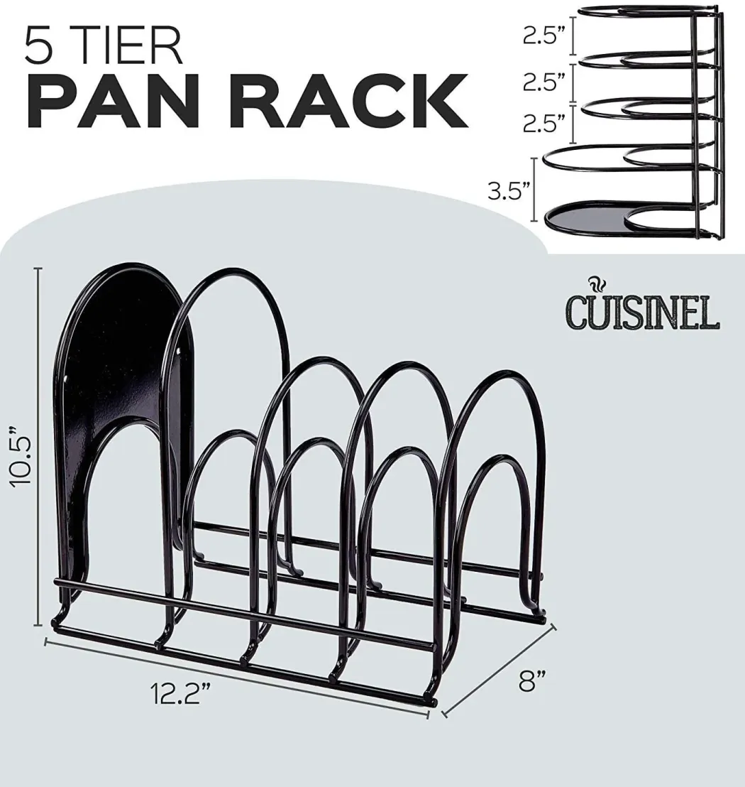 Heavy Duty Pan Organizer, 5 Tier Rack - Holds up to 50 LB - Holds Cast Iron Skillets, Griddles and Shallow Pots - Durable Steel Construction