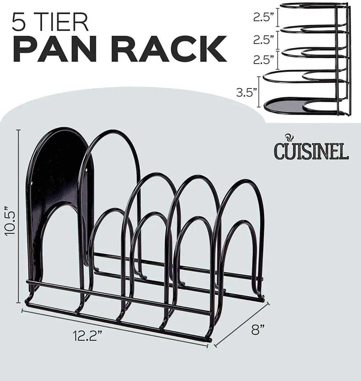 Heavy Duty Pan Organizer, 5 Tier Rack - Holds up to 50 LB - Holds Cast Iron Skillets, Griddles and Shallow Pots - Durable Steel Construction