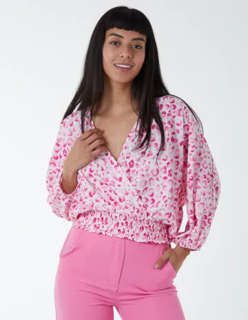 Leopard Print Elasticated Sleeve Wrap Front Elastic Hem Top