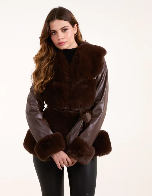Panel Faux Fur Pu Belted Coat