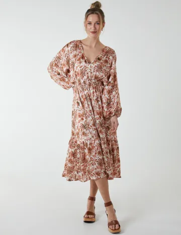 Balloon Sleeve Floral Midi Dress