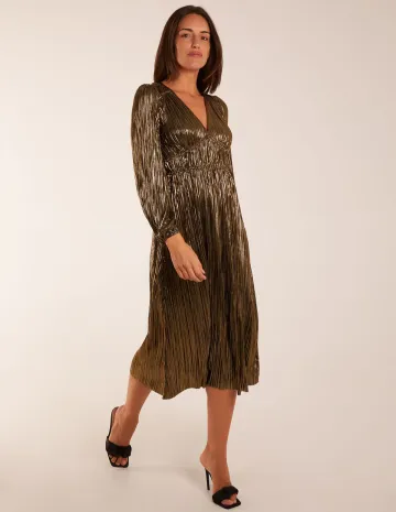 Plisse V-Neck Elasticated Midi Dress