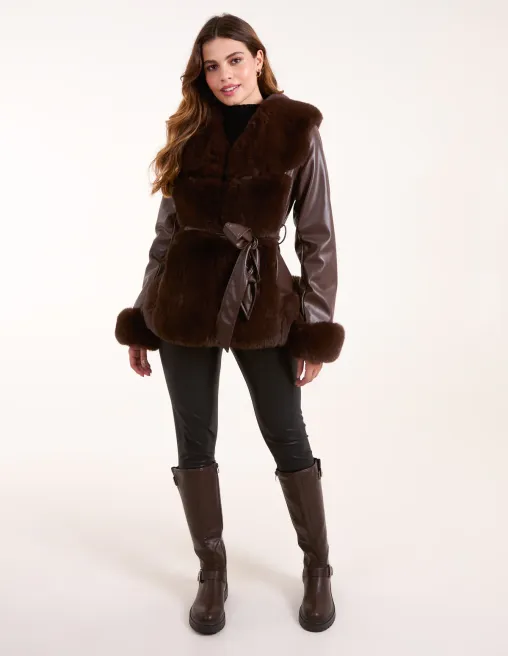 Panel Faux Fur Pu Belted Coat