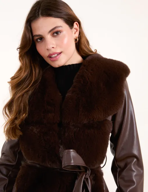 Panel Faux Fur Pu Belted Coat
