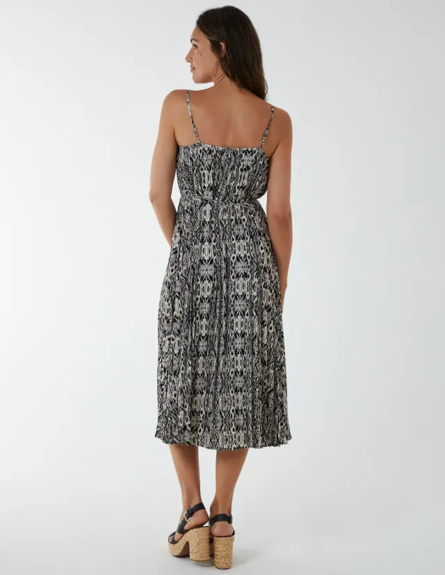 Pleated Midi Slip Dress With Lace Trim