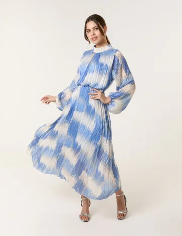 High Neck Long Sleeve Printed Dress