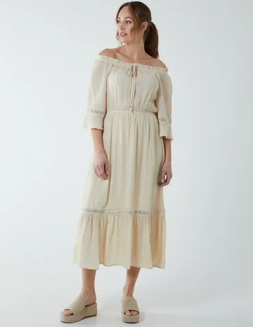 Off Shoulder Elasticated Lace Insert Midi Dress