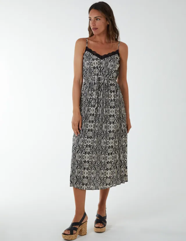 Pleated Midi Slip Dress With Lace Trim
