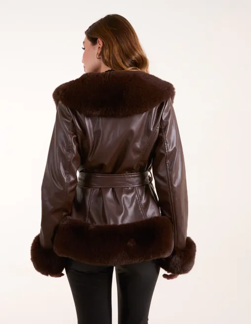 Panel Faux Fur Pu Belted Coat