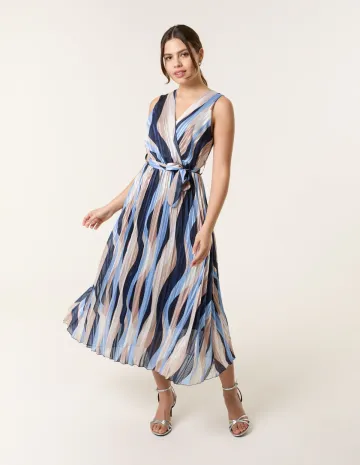 Squiggle Print Sleeveless Wrap Pleat Dress