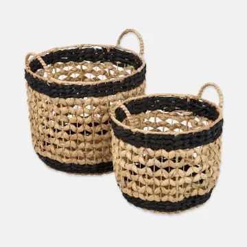 Round Decorative Wicker Baskets With Handles, Set of 2