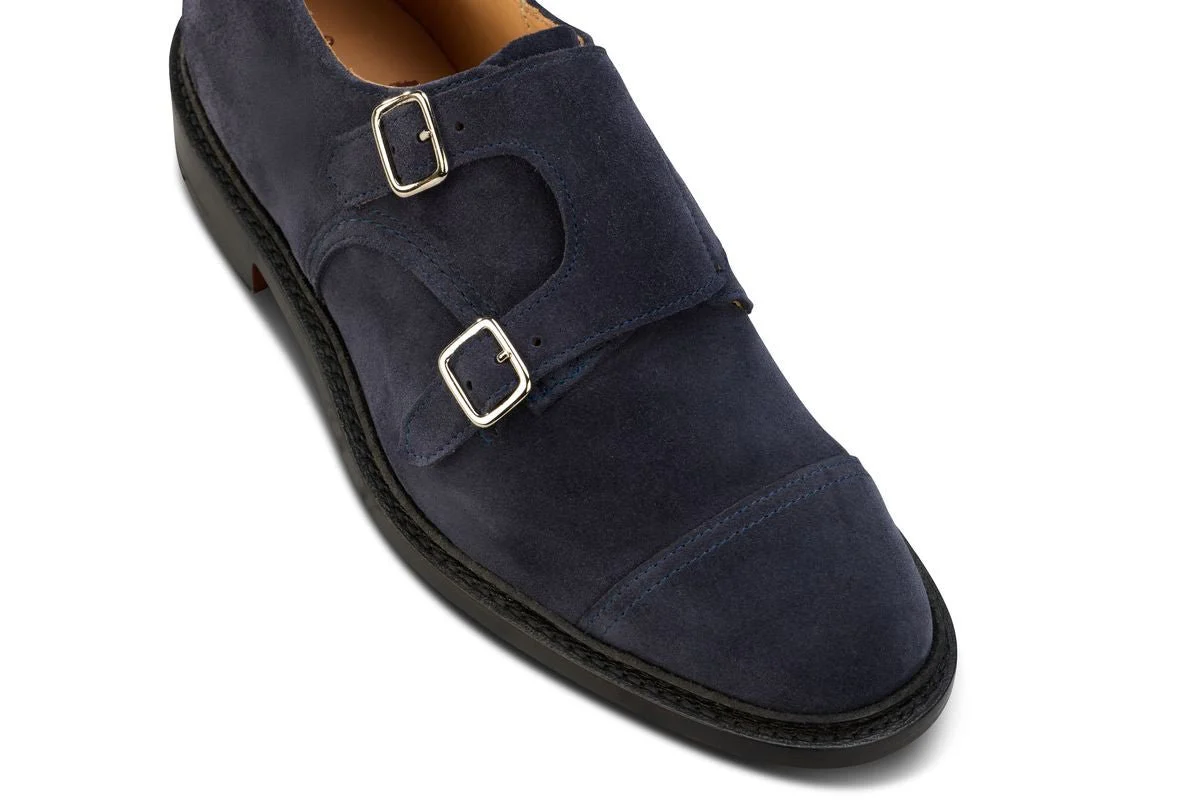 Rufus Double Buckle Monk Shoe - Navy Suede