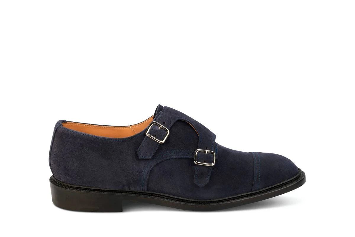 Rufus Double Buckle Monk Shoe - Navy Suede