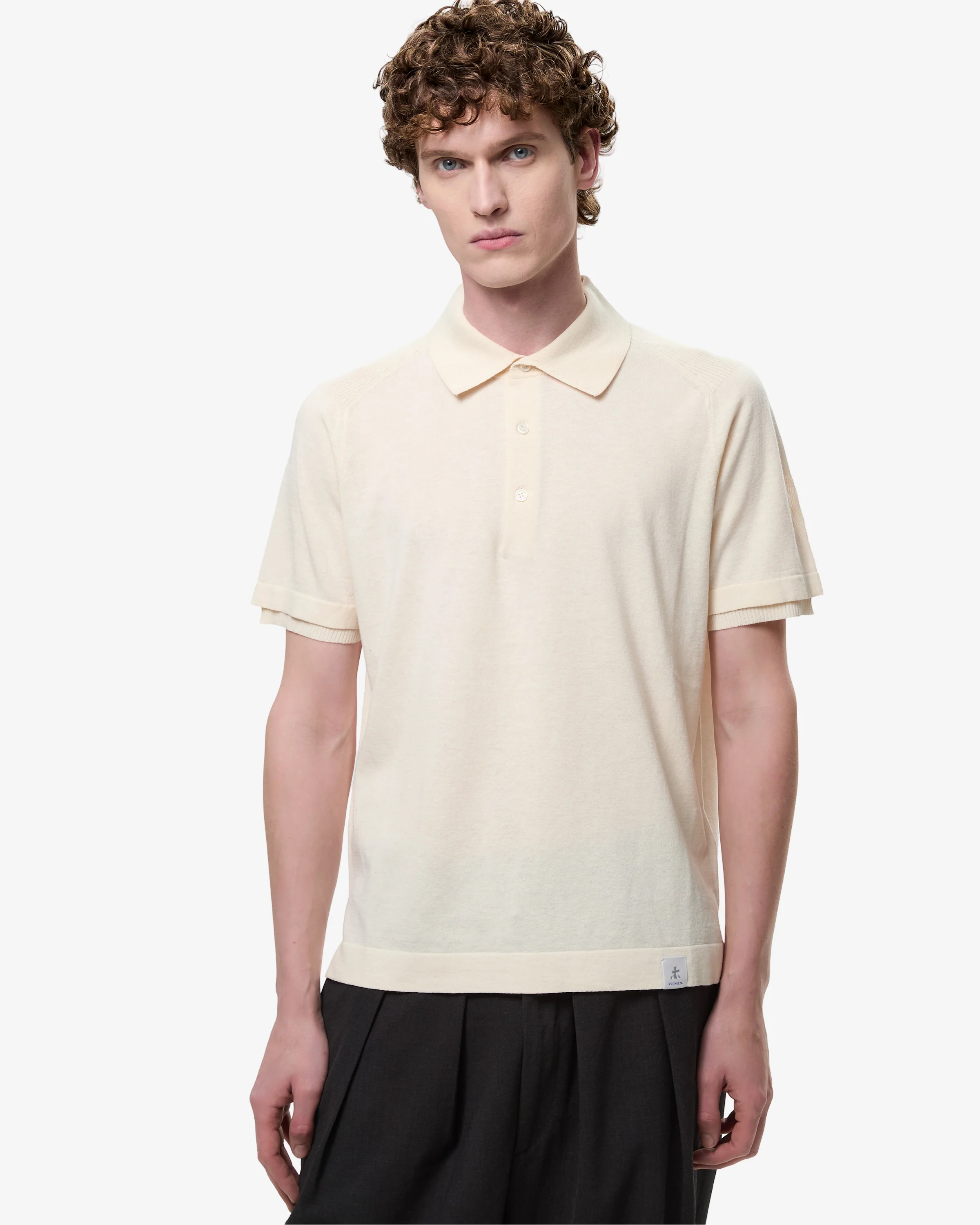 Cotton Crepe Knit with Side Slits and Cream Linear Buttons