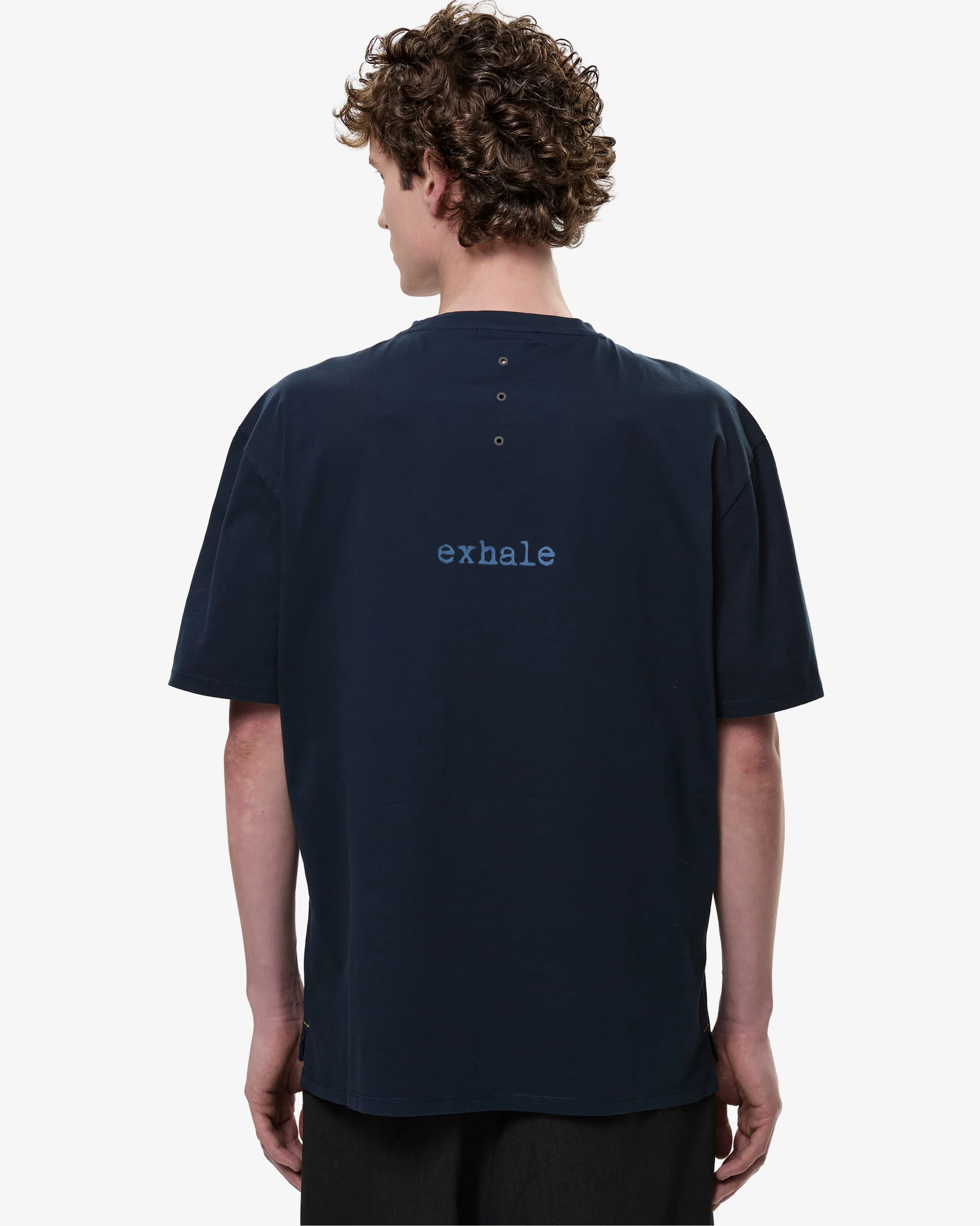 T-Shirt with Contrast Seams and Inhale-Exhale Print Blue