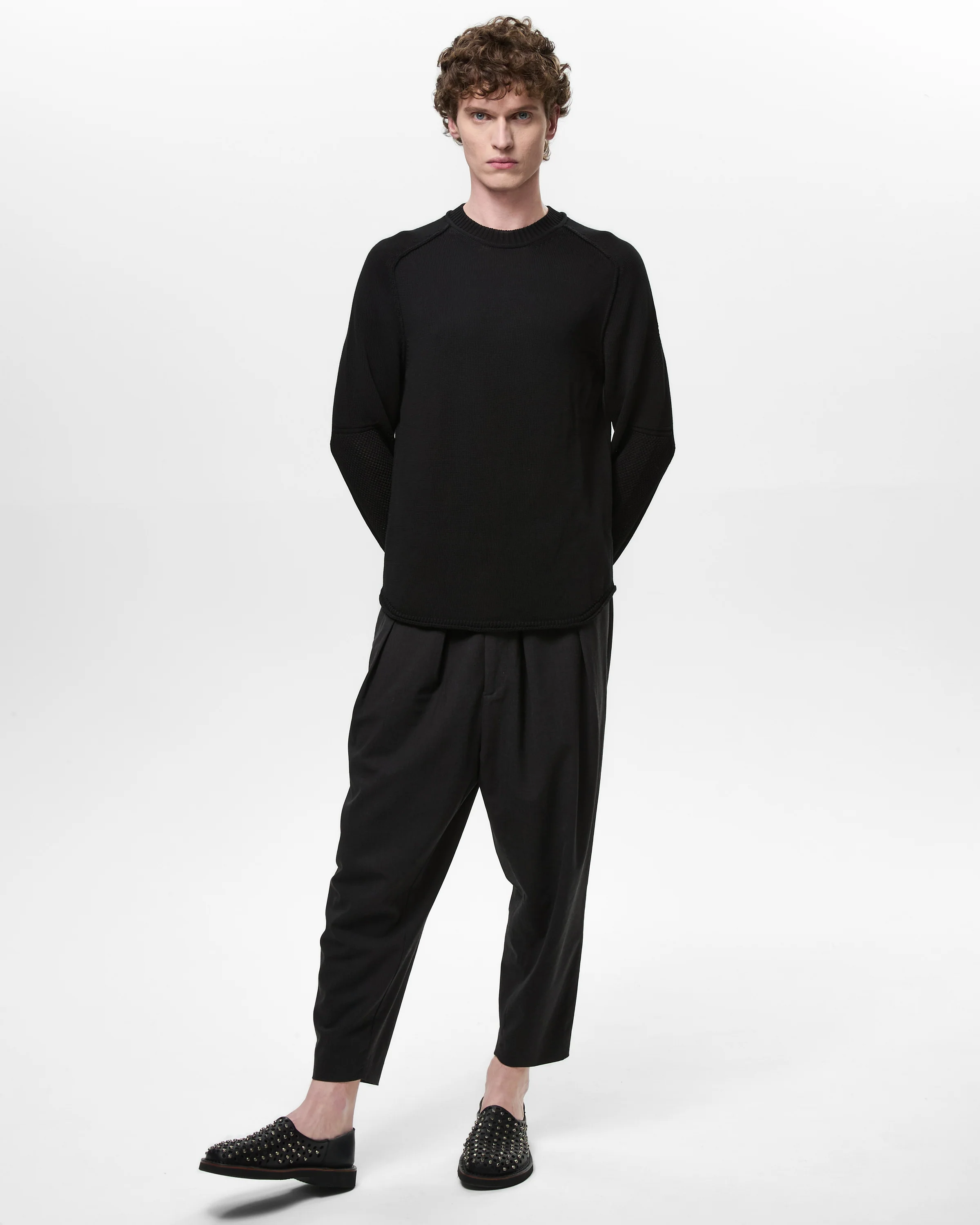 Cotton Crepe Sweater with Patches and Roll Neck Black