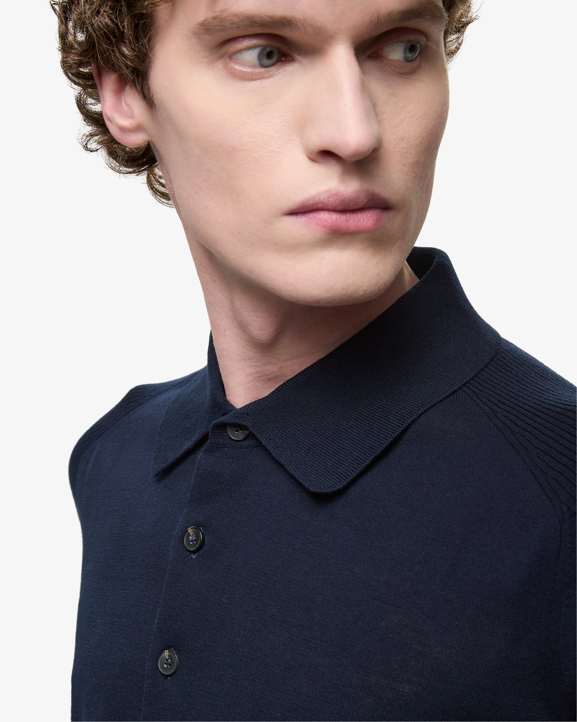 Cotton Crepe Knit with Side Slits and Blue Lineated Buttons