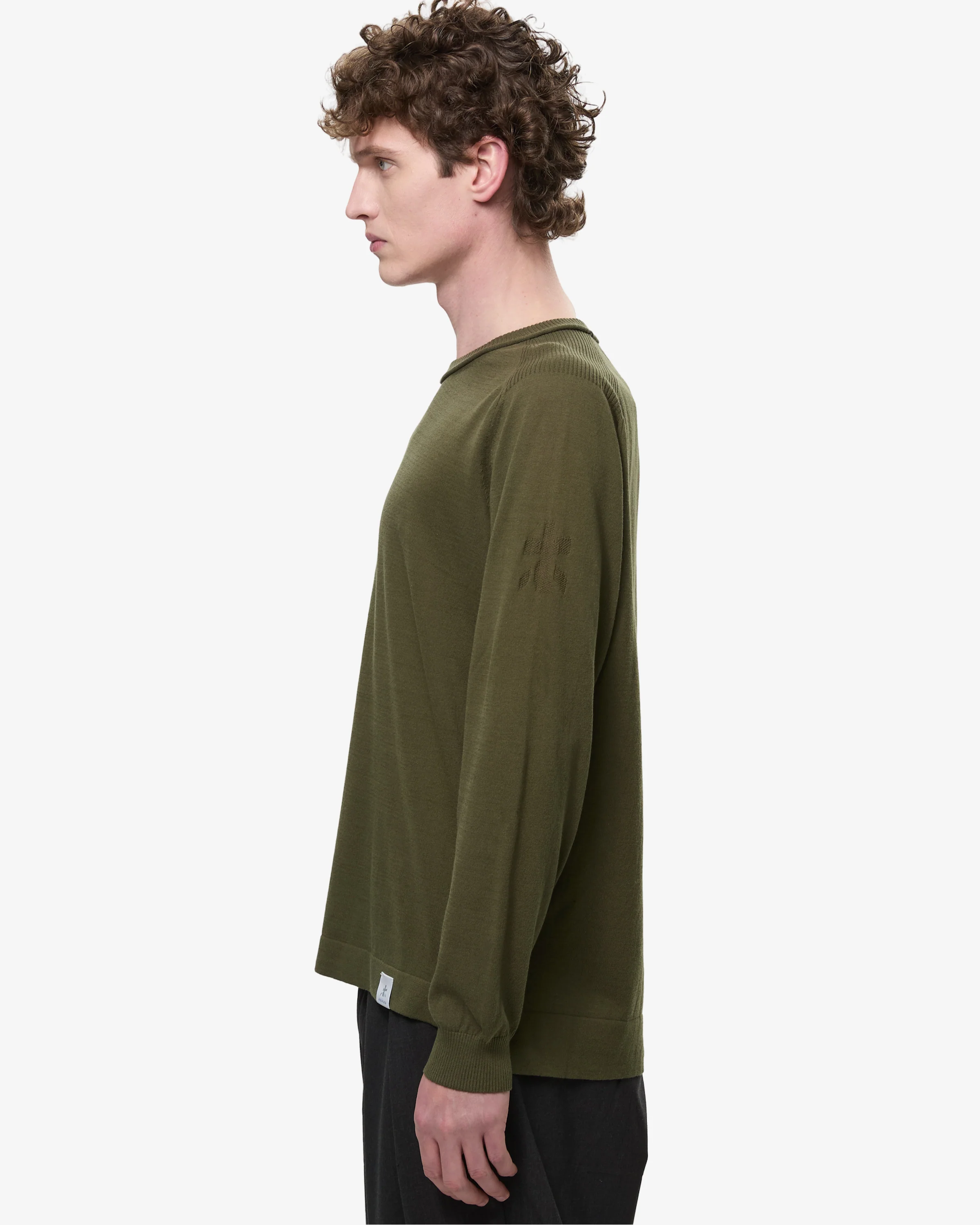 Cotton Crepe Sweater with Ribbed Neck Green