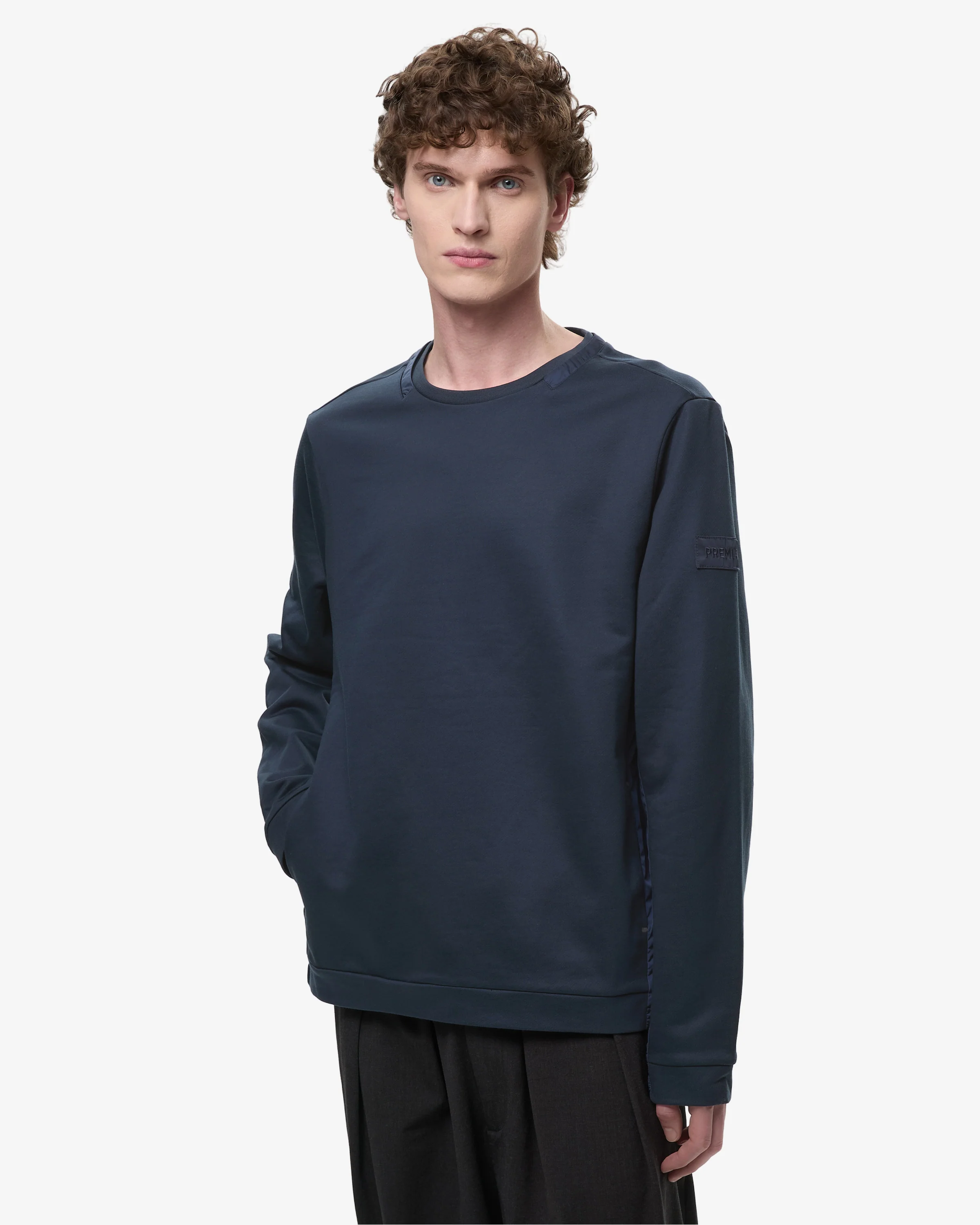 Crew Neck Sweatshirt with Nylon Details and Blue Embroidered Logo