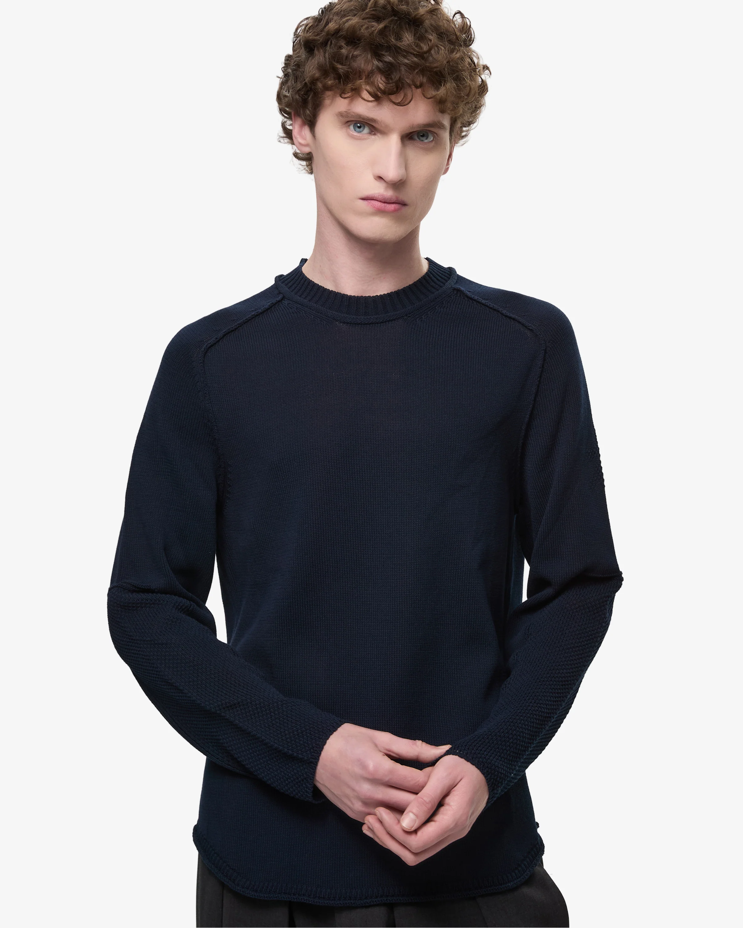 Cotton Crepe Sweater with Patches and Roll Neck Blue