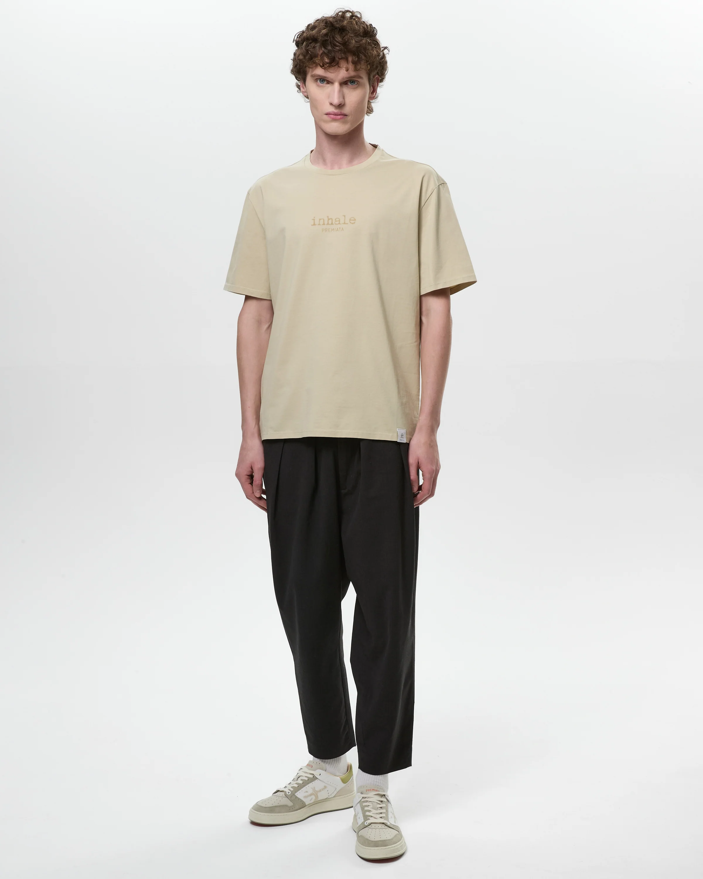 T-Shirt with Contrast Seams and Inhale-Exhale Print Green