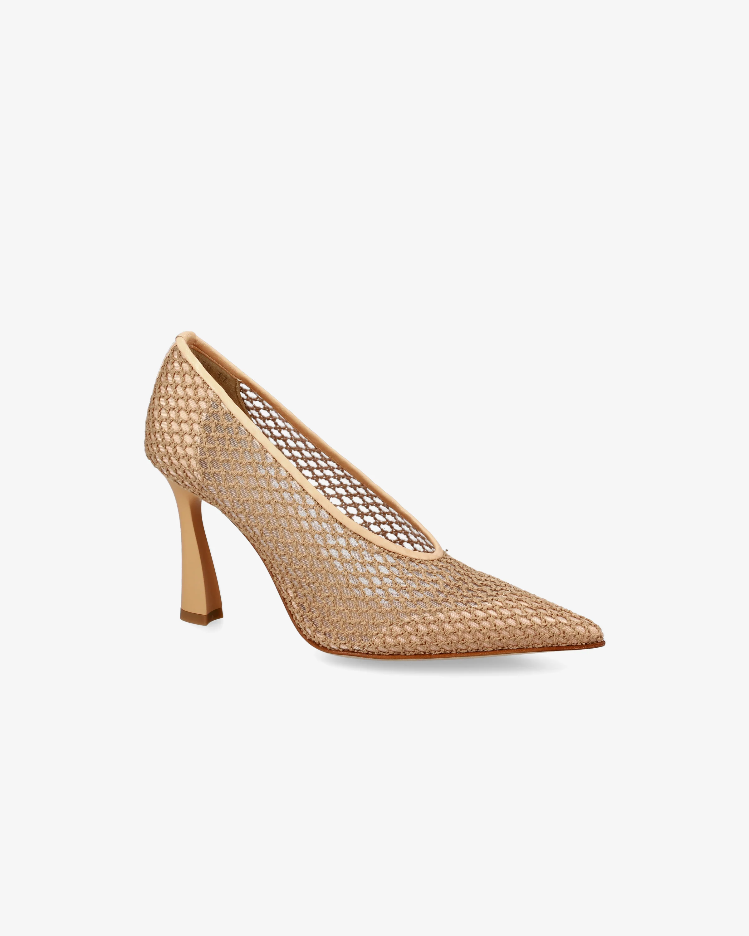 Embroidered mesh pumps with leather trim