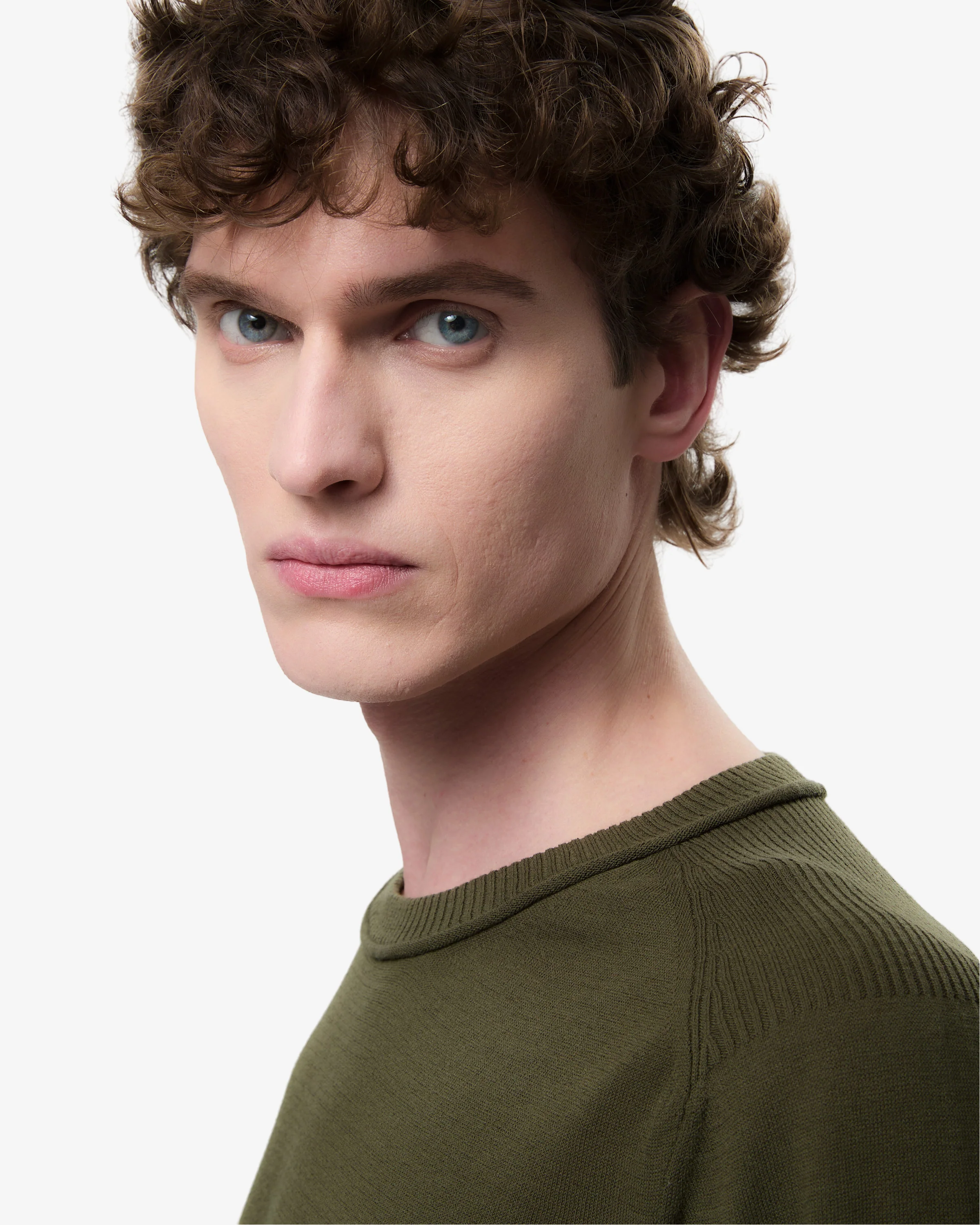 Cotton Crepe Sweater with Ribbed Neck Green