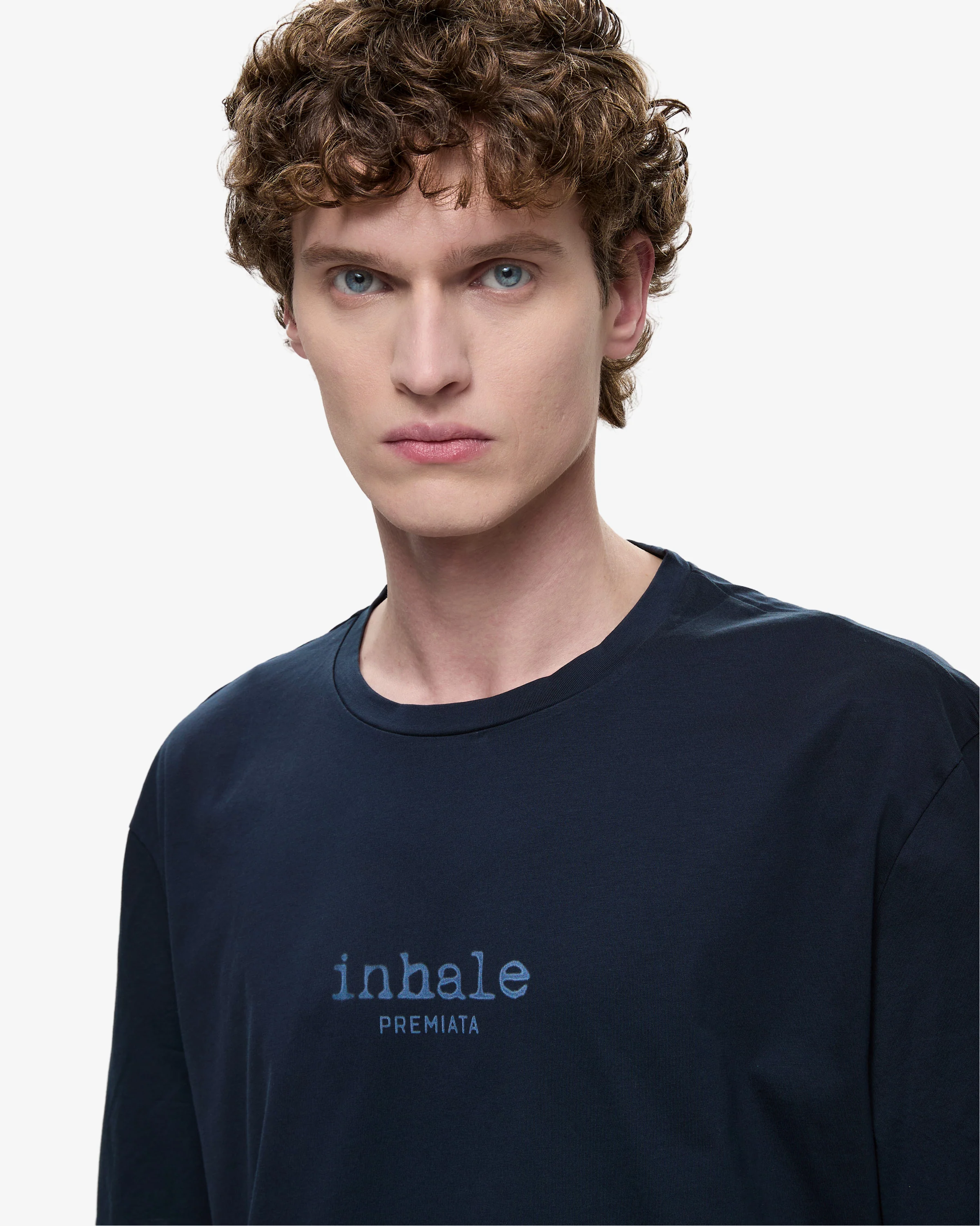T-Shirt with Contrast Seams and Inhale-Exhale Print Blue