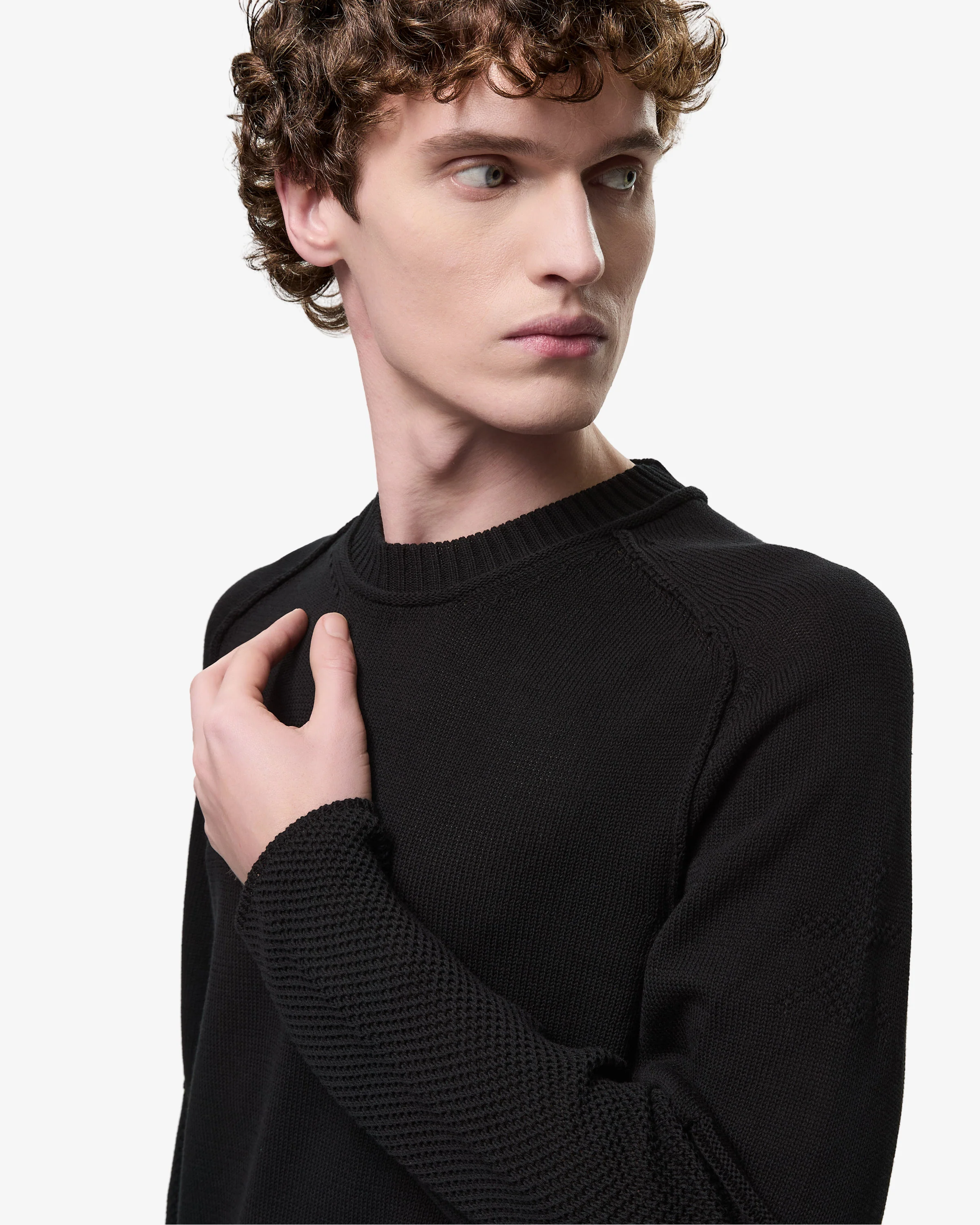 Cotton Crepe Sweater with Patches and Roll Neck Black