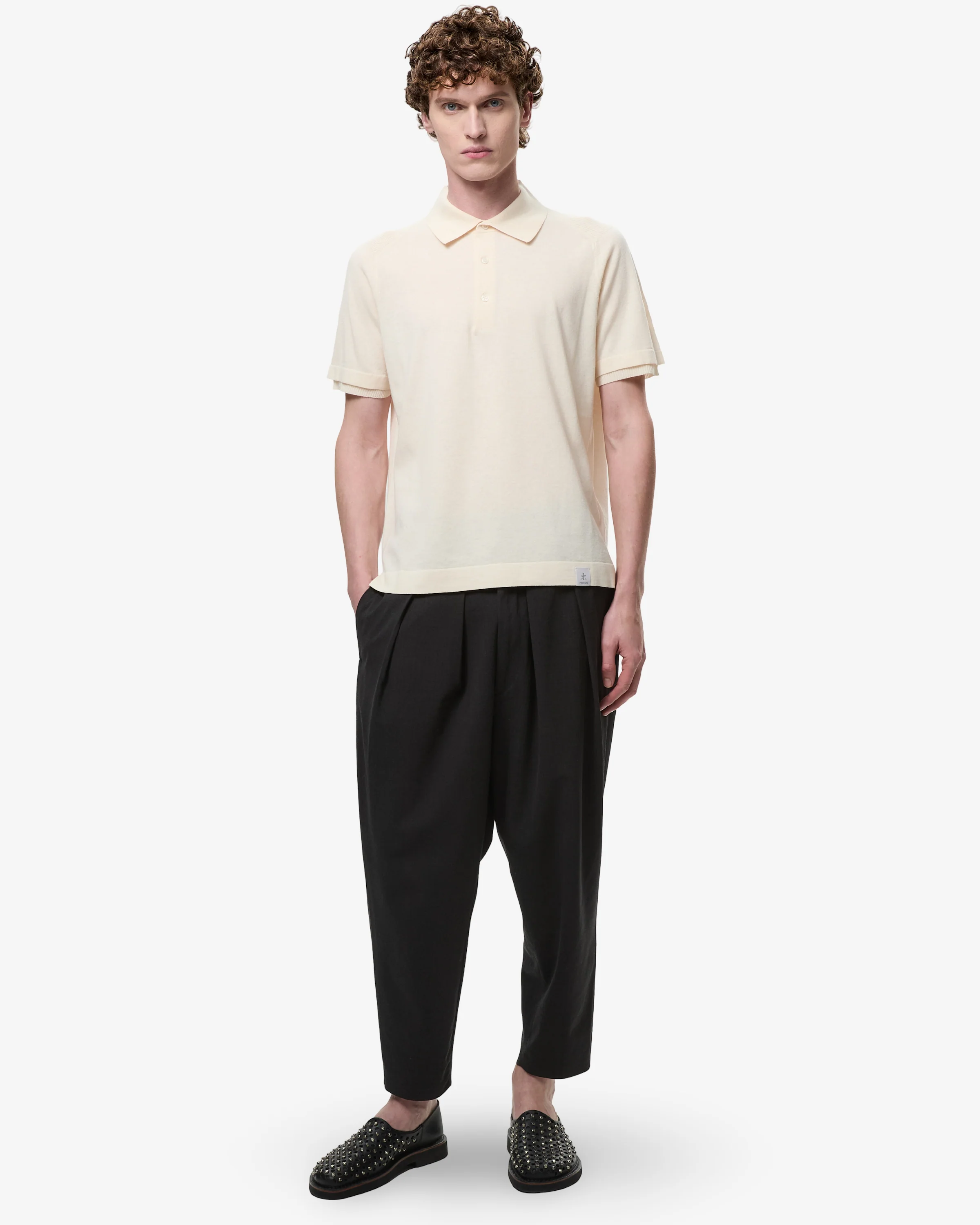 Cotton Crepe Knit with Side Slits and Cream Linear Buttons