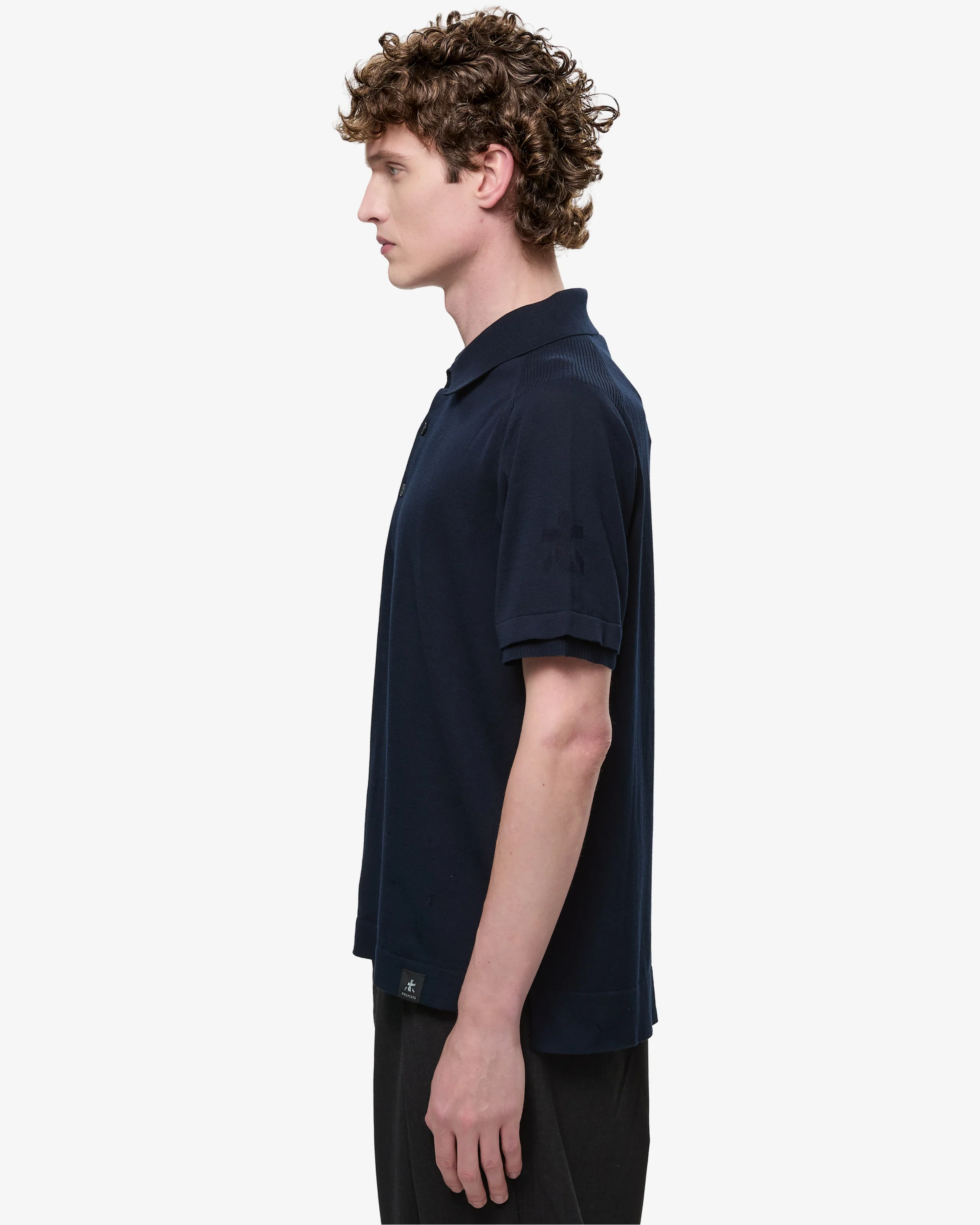 Cotton Crepe Knit with Side Slits and Blue Lineated Buttons