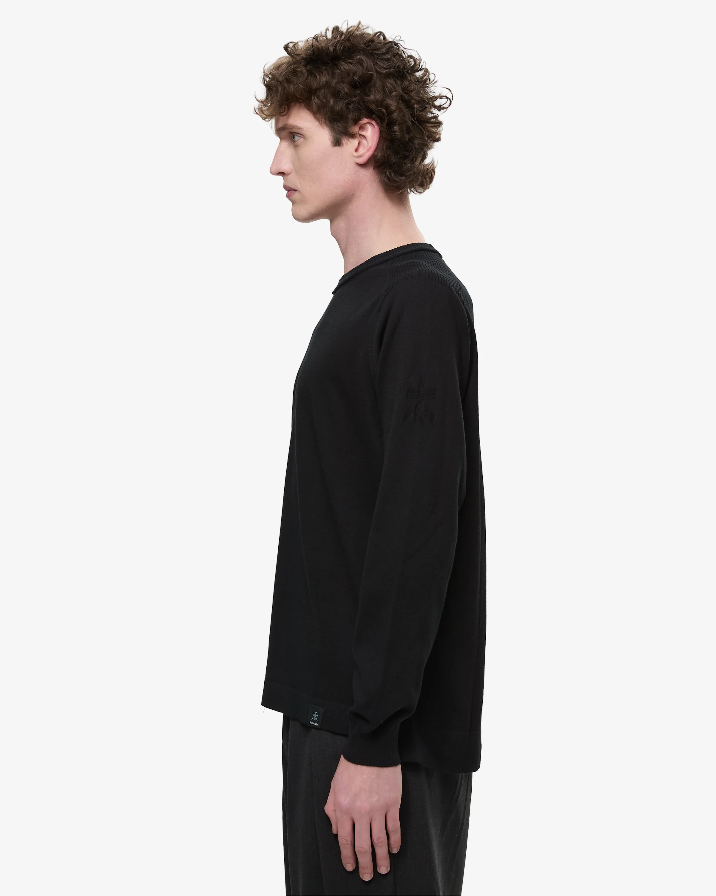 Cotton Crepe Sweater with Ribbed Neck Black