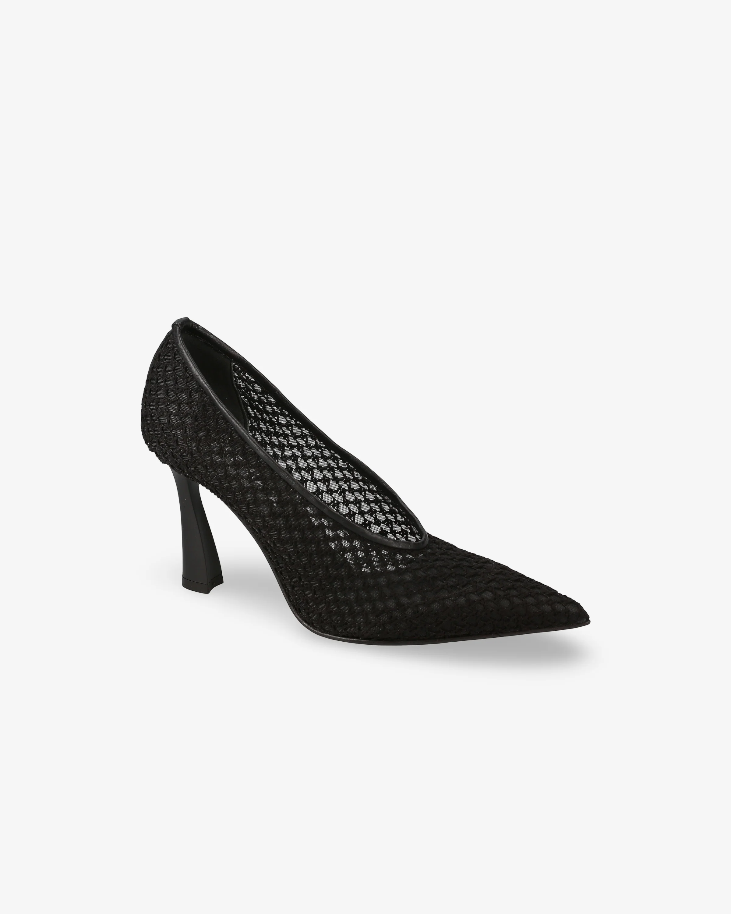 Embroidered mesh pumps with leather trim