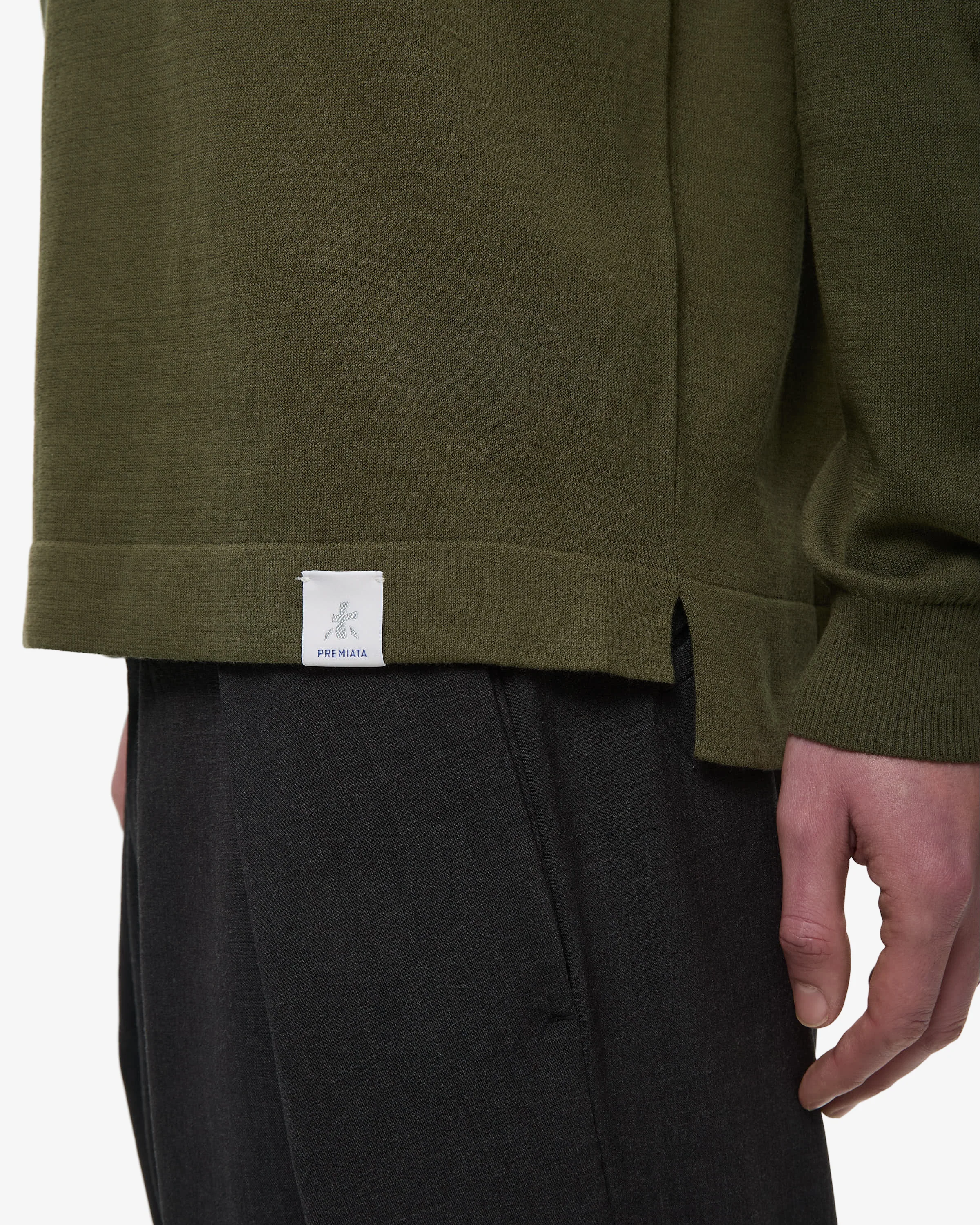 Cotton Crepe Sweater with Ribbed Neck Green