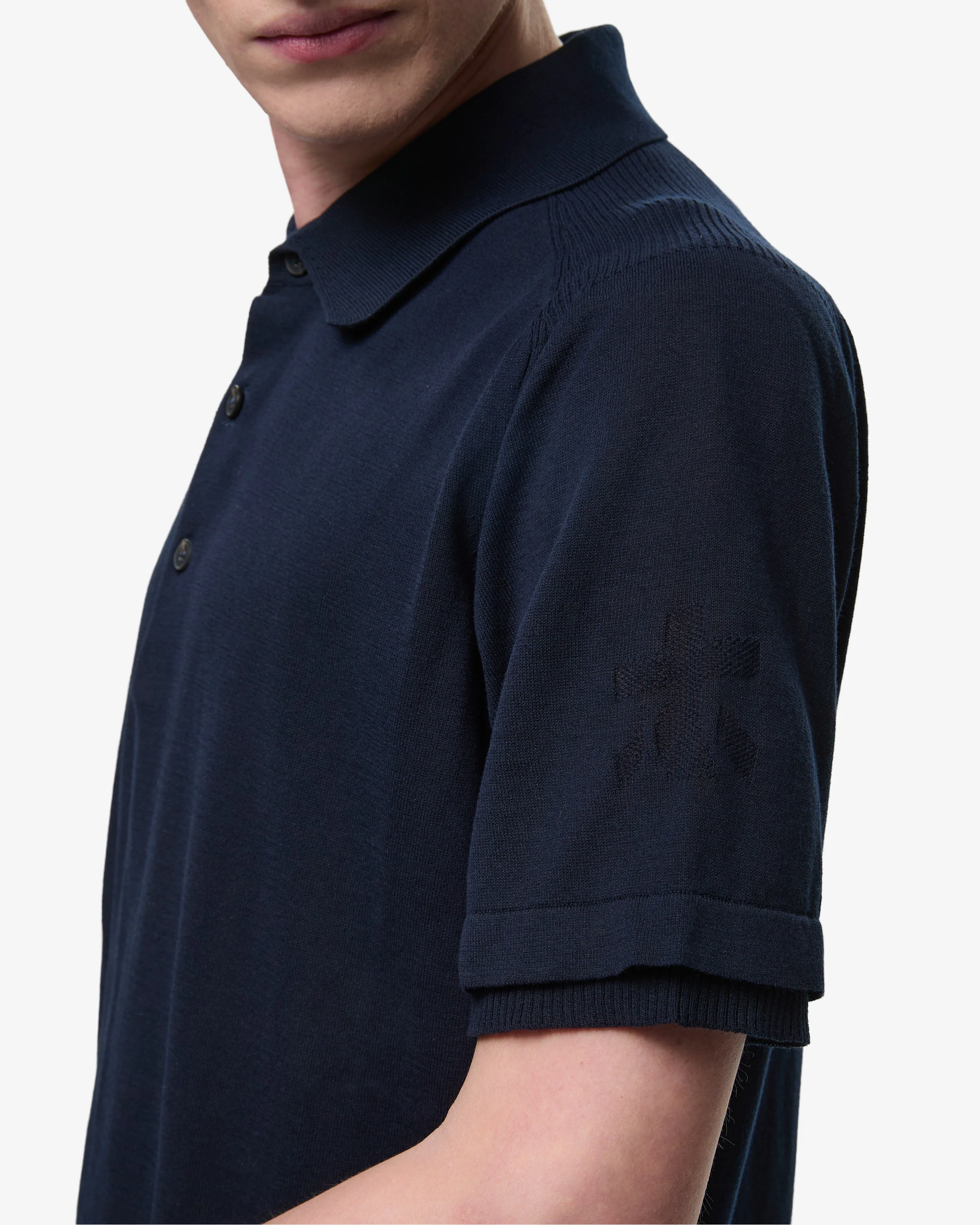 Cotton Crepe Knit with Side Slits and Blue Lineated Buttons