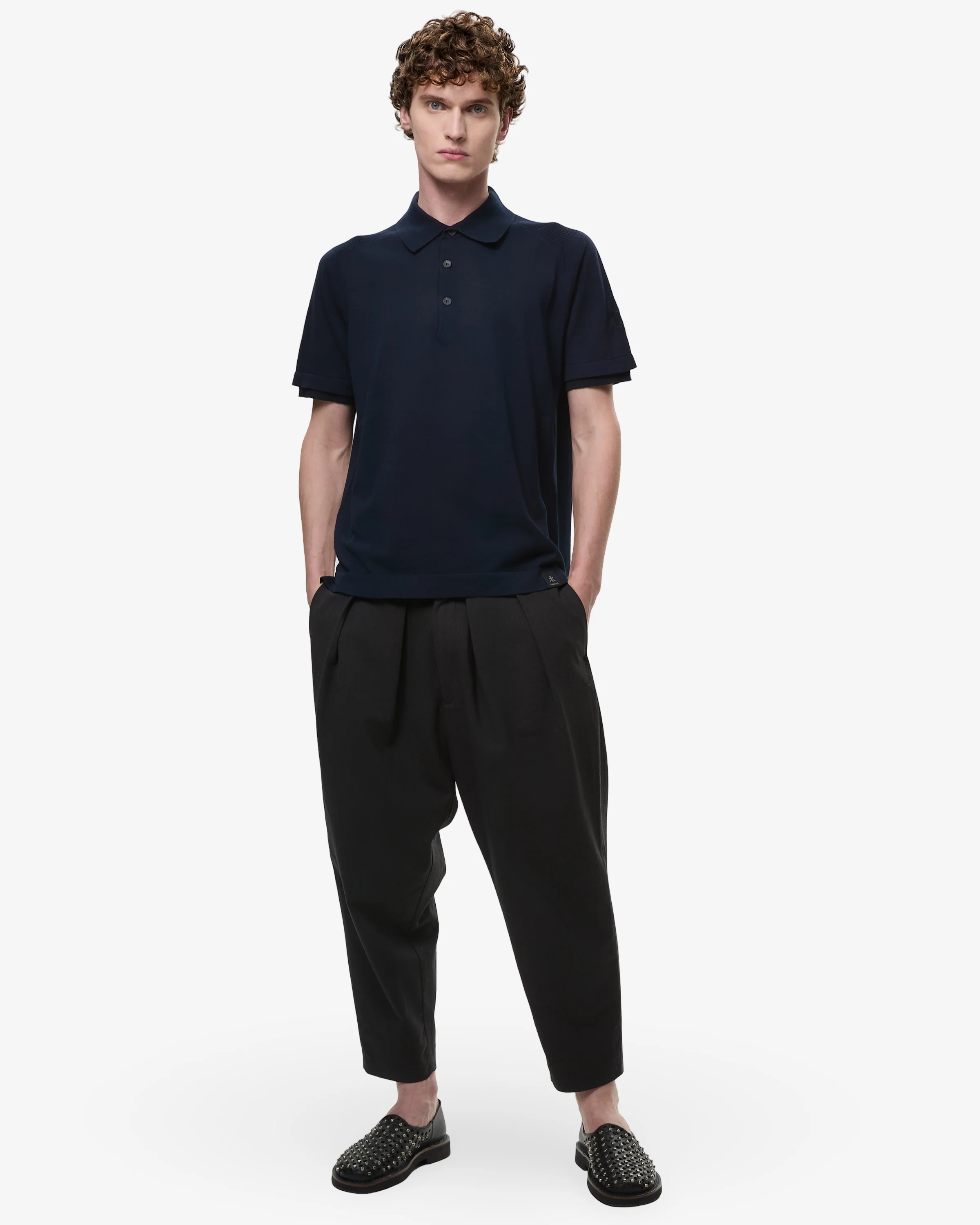 Cotton Crepe Knit with Side Slits and Blue Lineated Buttons