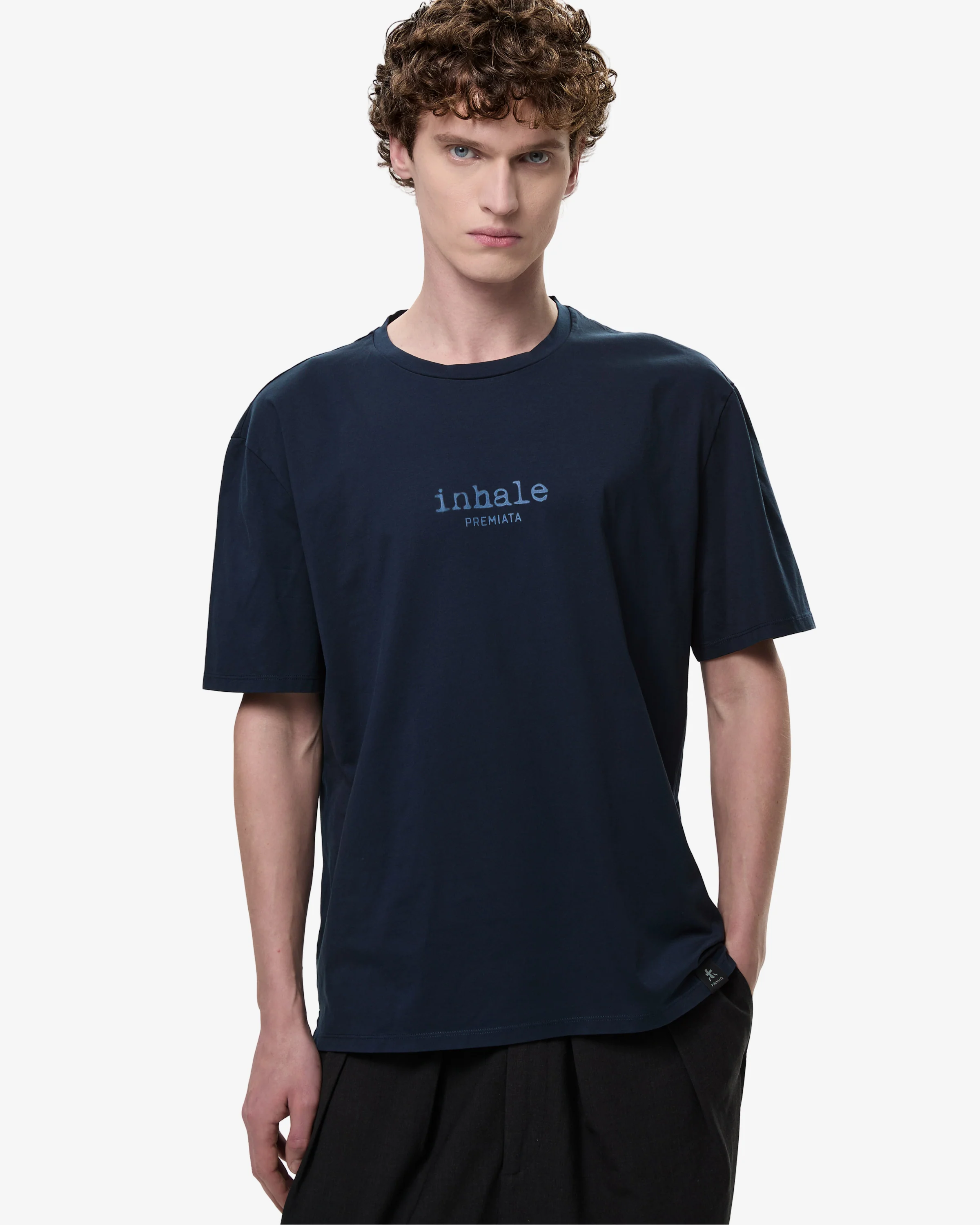 T-Shirt with Contrast Seams and Inhale-Exhale Print Blue
