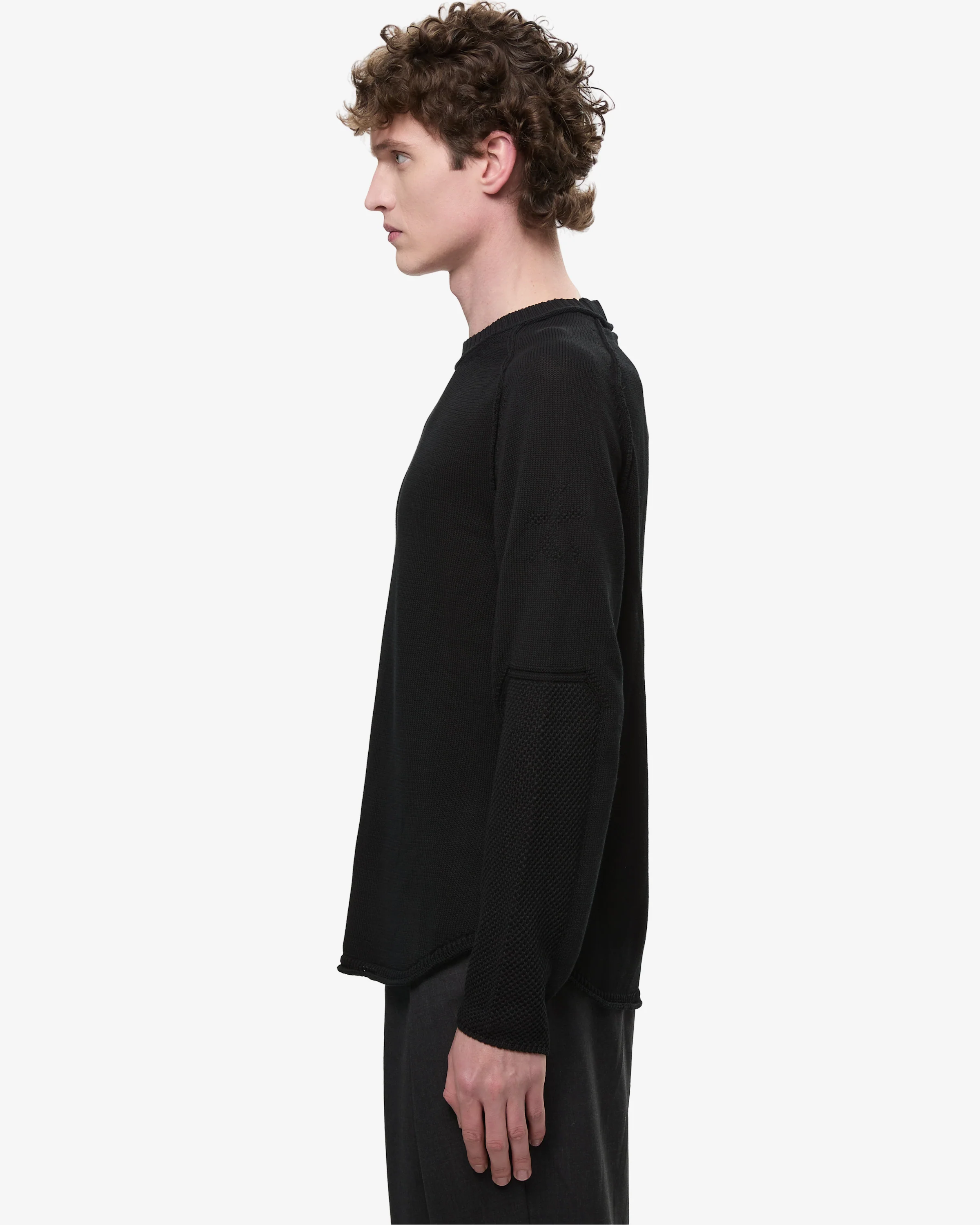 Cotton Crepe Sweater with Patches and Roll Neck Black