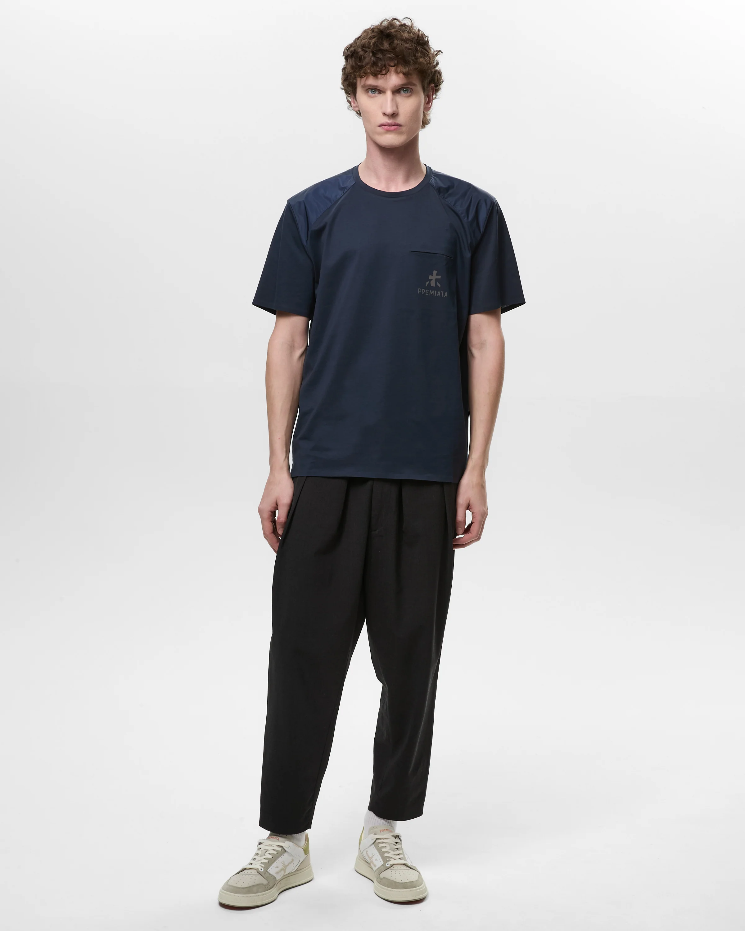 Cotton T-Shirt with Nylon Inserts and Logo Transfer Blue