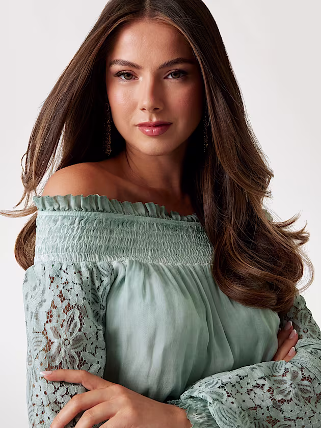 Silk-blend off-shoulder mini dress - GUESS