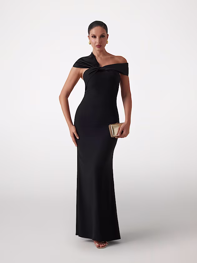 Long crêpe dress with satin trim - GUESS