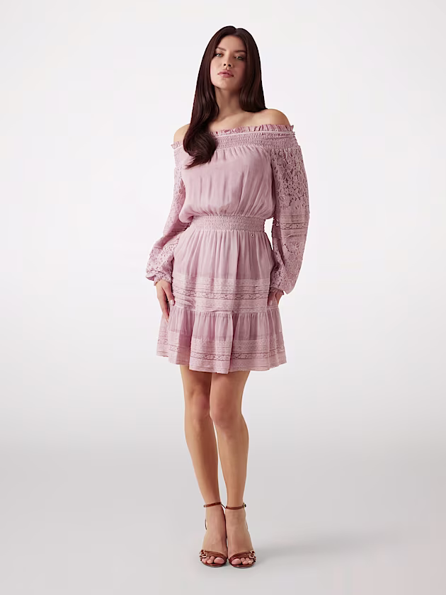 Silk-blend off-shoulder mini dress - GUESS