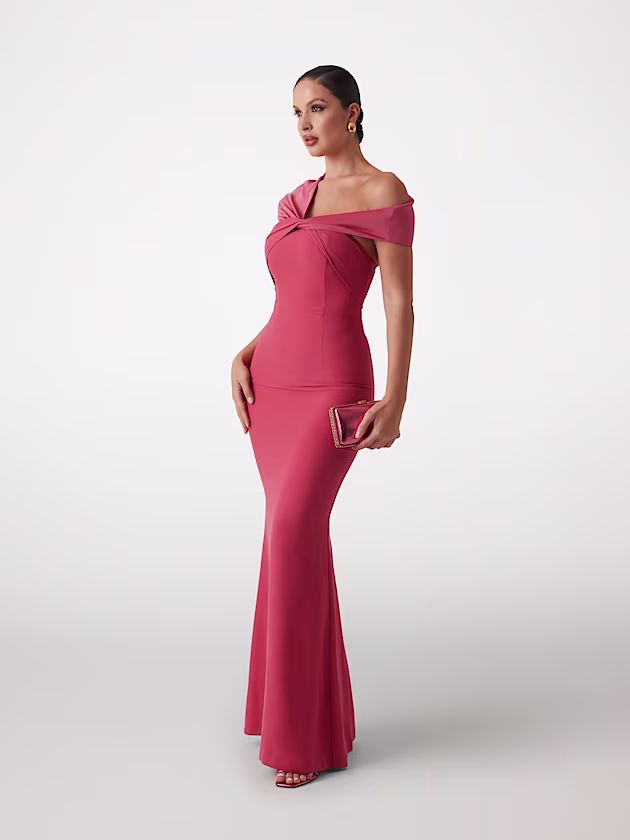 Long crêpe dress with satin trim - GUESS